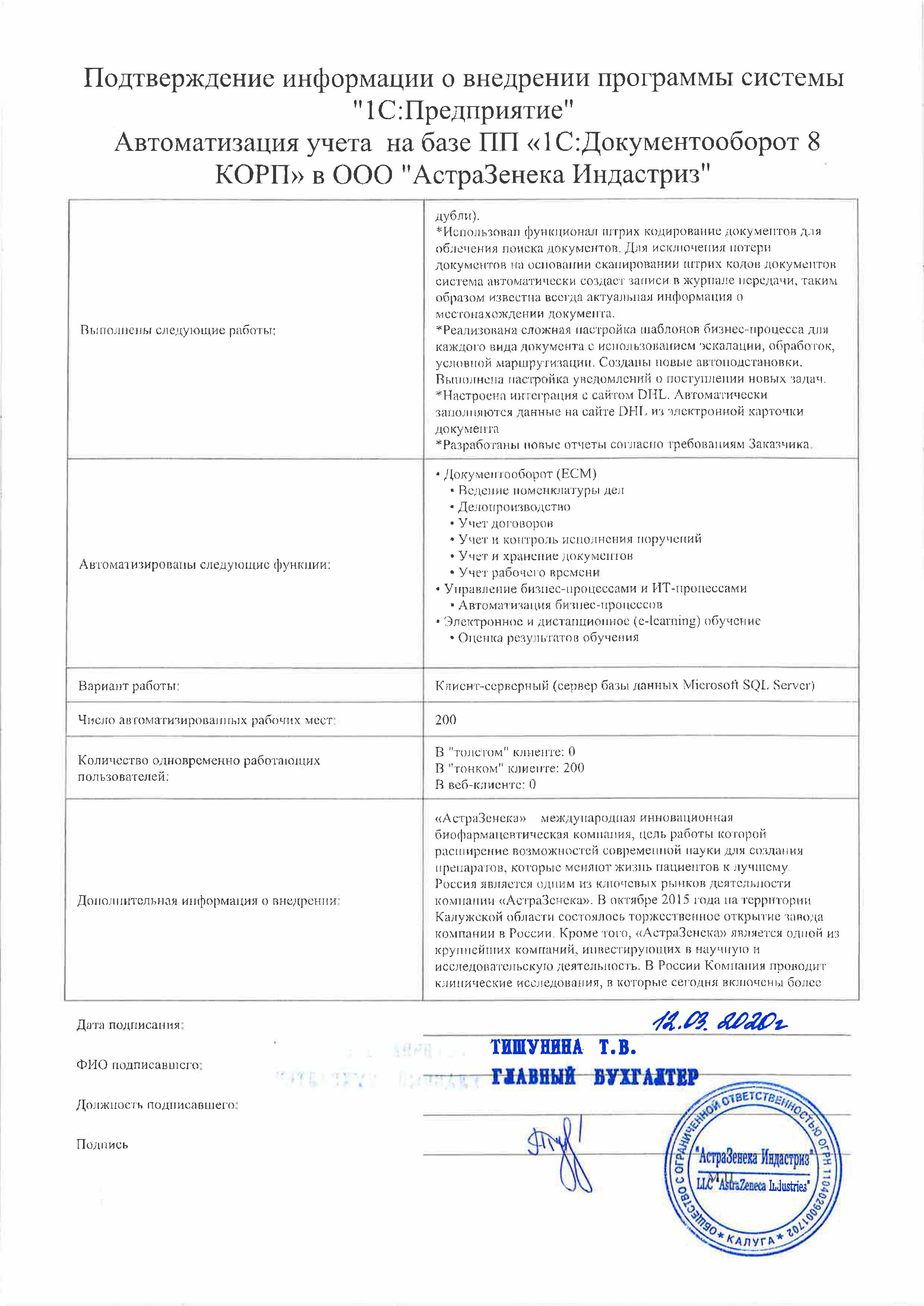 1С-Рарус Москва Благодарственное письмо АстраЗенека Индастриз, ООО