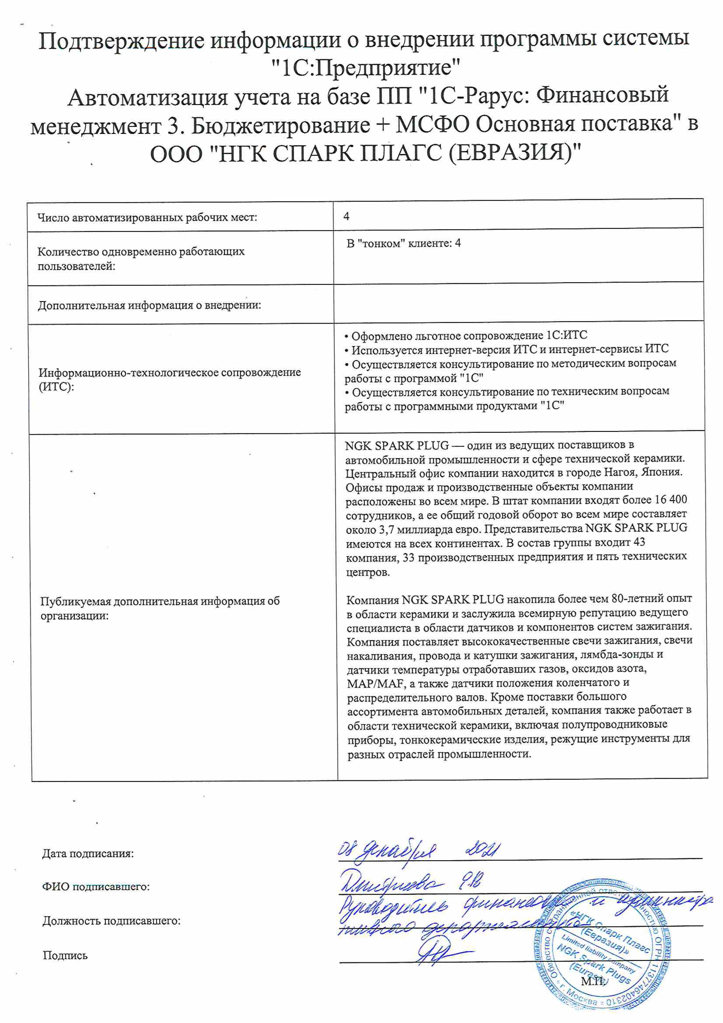 1С-Рарус Москва Благодарственное письмо Отзыв об автоматизации систем учета  в Компании «НГК СПАРК ПЛАГС (ЕВРАЗИЯ)»