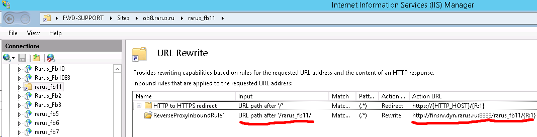 Для настройки веб-сервера вводим правило url-rewrite на сервер finsrv, порт 8888, на котором будет слушать Fiddler