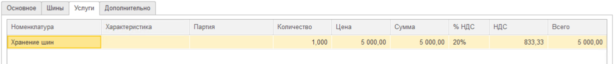 Скрытая вкладка «Услуги» документа «Заявка на хранение шин»