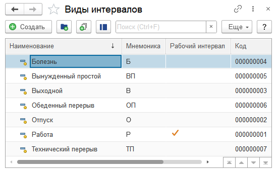 Справочник "Виды интервалов"